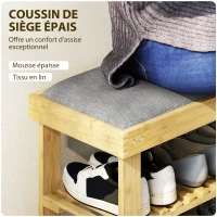 HOMCOM Banc à chaussures en bambou, étagère à chaussures à 3 niveaux, style scandinave, 60 x 29 x 49 cm, gris et bois naturel(m-4)