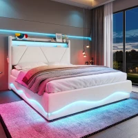 Lit rembourré avec tête de lit LED et rangement, sommier à lattes avec vérins à gaz, sans matelas, 140x200 cm, Beige(m-4)