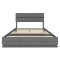 Lit rembourré en velours avec tête de lit réglable en hauteur, éclairage LED et système de levage hydraulique, sans matelas, 160x200 cm, Gris(m-8)