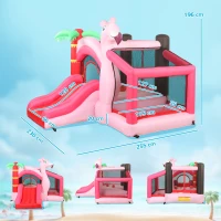 AIYAPLAY Castel Gonflabil pentru Copii 4 în 1, Tobogan, Trambulină, Piscină cu Bile, Coș de Baschet, Mingi de Baschet, Tematică Flamingo, Ventilator, Geantă de Transport, Interior Exterior, 255x230x196cm, Roz(m-3)