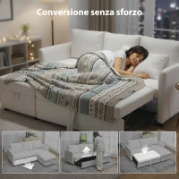 HOMCOM Divano Letto Angolare Effetto Lino con Vano Portaoggetti a Scomparsa, 192x148x86 cm, Bianco Crema(m-4)