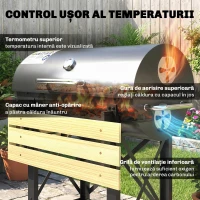 Outsunny Grătar cu Cărbuni, Grilă Mobilă cu Rafturi Pliabile și Termometru(m-7)