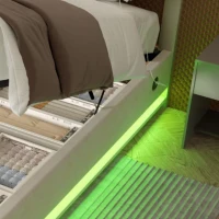 Lit rembourré en velours avec tête de lit réglable en hauteur, éclairage LED et système de levage hydraulique, sans matelas, 140x200 cm, Beige(m-8)