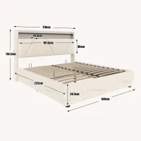 Lit rembourré avec tête de lit LED et rangement, sommier à lattes avec vérins à gaz, sans matelas, 140x200 cm, Beige(m-3)