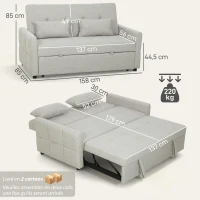 HOMCOM Canapé convertible 2 places 3 en 1, canapé-lit clic-clac, lit gigogne, dossier réglable, 158x85x85cm, marron clair(m-3)