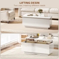 HOMCOM Stolik kawowy regulowany, nowoczesny stolik do salonu z ukrytym schowkiem i 2 szufladami, biały wysoki połysk(m-4)