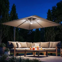Outsunny 3 x 3 m Garden Cantilever Parasol with Light, Cover, Overhanging Umbrella w/ Wind Protection, 360° Rotation, Khaki(m-2)