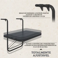 Outsunny Mesa Suspensa para Varanda Dobrável de Alumínio com Altura Ajustável em 4 Níveis Capacidade 25 kg 60x40x55-64 cm Preto(m-4)