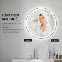 kleankin Miroir rond lumineux LED de salle de bain Ø 80 cm mural avec éclairage 3 couleurs interrupteur tactile 46W blanc argent(m-6)