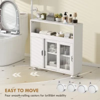 HOMCOM Dulap de Baie cu Roți, Raft Reglabil, Ușă Glisantă din Sticlă Călită, Alb(m-6)