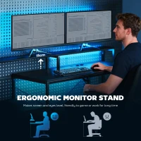 HOMCOM Gamingowy stół w kształcie litery L z LED i gniazdami, podwójny stojak na monitory, 165x80x91,5 cm, czarny wygląd drewna(m-6)