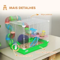 PawHut Gaiola para Hamster com Túnel Prato Bebedouro Casinha Rampa Roda de Exercício Bandeja Removível 46x30x37 cm Verde(m-6)