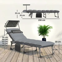 Outsunny Folding Sun Loungers Set of 2 with Canopy, Reclining Sunbed with Cushion, Side Pocket, Carrying Handle, Light Grey(m-3)