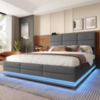 Lit rembourré en velours avec tête de lit réglable en hauteur, éclairage LED et système de levage hydraulique, sans matelas, 160x200 cm, Gris(m-4)