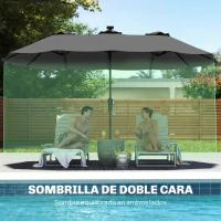 Outsunny Sombrilla Doble de Jardín 4x2 m con 36 Luces LED UPF50+ Manivela 12 Varillas  Resistente al Agua Gris Oscuro(m-5)