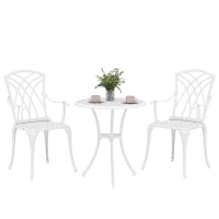 Outsunny 3 Pieces Garden Bistro Set, Cast Aluminium Outdoor Dining Set with 2 Chairs and Round Table with Parasol Hole, White(m-10)
