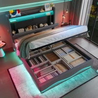 Lit rembourré avec tête de lit LED et rangement, sommier à lattes avec vérins à gaz, sans matelas, 140x200 cm, Gris(m-5)