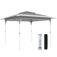 Outsunny Tenda Dobrável 3,5x3,5 m Pop-up com Altura Ajustável 3 Níveis Teto Duplo Fecho Central e Bolsa UPF50+ Cinzento(m-10)