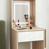 HOMCOM Small Vanity Desk with Mirror and LED Lights, Compact Dressing Table with Drop Leaf, Open Shelves, Natural Wood(m-9)
