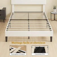 HOMCOM Cadre de Lit 140x190cm avec Sommier, Tête de Lit Réglable, Lit Double Rembourré en Velours Teddy, Lattes en Métal, Blanc(m-7)