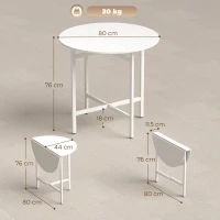HOMCOM Masă de sufragerie pliabilă, masă de bucătărie rotundă Ø 80 cm pentru 4 persoane cu 2 extensii, picioare din oțel, alb(m-3)