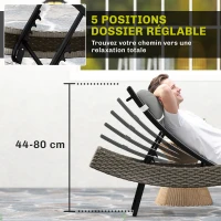 Outsunny Chaise longue en résine tressé, bain de soleil avec dossier réglable 5 positions et appui-tête, 198 x 61 x 44 cm, gris(m-5)