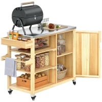 Outsunny Carrello per barbecue da esterno con armadietto e ripiani, Legno naturale(m-7)