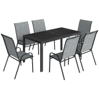 Outsunny Garten-Tisch- und Stuhl-Set mit Metalltisch und Schirmloch und 6 stapelbaren atmungsaktiven Stühlen für Terrasse, Grau(m-1)