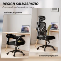 HOMCOM Sedia da Ufficio Ergonomica con Braccioli Ribaltabili, Supporto Lombare e Poggiatesta Regolabile, Nero(m-7)