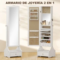 HOMCOM Espejo Joyero con Luces LED Armario Joyas con Espejo Entero de Ángulo Ajustable Cajones Mesa Interior Plegable Blanco(m-6)