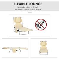 Outsunny Gartenliege, Liegestuhl mit gepolsterter Gesichtsöffnung, Massage-Liege für draußen, Seitentasche, Stoff, Metall, Beige(m-4)