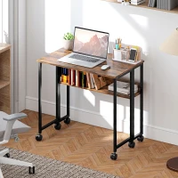 HOMCOM Bureau pliable sur roulettes 80 x 50 cm avec étagère et sac de rangement, brun rustique(m-10)