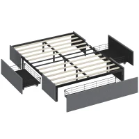 HOMCOM Lit coffre 140 x 190 cm, cadre de lit double rembourré avec 3 tiroirs, sommier à lattes en LVL, sans bruit, gris(m-12)