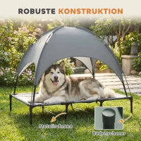 PawHut Erhöhtes Hundebett mit Baldachin, Haustierbett, Hundeliege outdoor mit Dach, Atmungsaktiv, Taftstoff für Camping Grau 122 x 92 x 108 cm(m-7)
