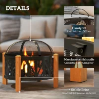Outsunny 2-in-1 Feuerschale Ø75 x 58 cm Feuerstelle mit Funkenschutz Schürhaken Grillrost Schwarz(m-6)