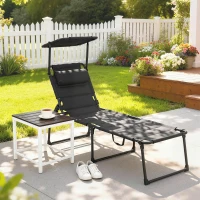 Outsunny Espreguiçadeira dobrável com toldo, apoio de cabeça reclinável em tecido Oxford 70 x 200 x 45 cm, preto(m-4)