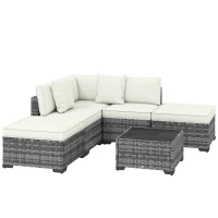 Outsunny Set Mobilier de Grădină din Ratan, 6 Piese, Fotoliu Colțar, Canapele fără Brațe, Suporturi pentru Picioare și Măsuță, Gri Amestecat(m-1)