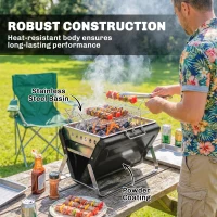 Outsunny Houtskoolbarbecue van Roestvrij Staal BBQ Smoker met Grillrooster Handgreep Opklapbare Poten voor Barbecue Camping 40x28x25,5cm Zwart(m-7)