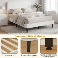 HOMCOM Cadre de Lit 140x190cm avec Sommier, Tête de Lit Réglable, Lit Double Rembourré en Velours Teddy, Lattes en Métal, Blanc(m-5)