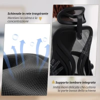 HOMCOM Sedia da Ufficio Ergonomica con Braccioli Ribaltabili, Supporto Lombare e Poggiatesta Regolabile, Nero(m-5)