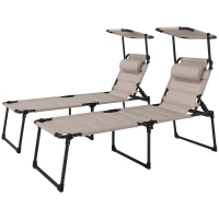Outsunny Set 2 lettini prendisole con schienale e parasole regolabili, Kaki(m-7)