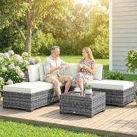 Outsunny Set Mobilier de Grădină din Ratan, 6 Piese, Fotoliu Colțar, Canapele fără Brațe, Suporturi pentru Picioare și Măsuță, Gri Amestecat(m-2)