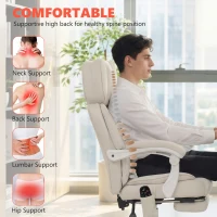 HOMCOM Wysokie krzesło biurowe z masażem wibracyjnym i podgrzewaniem, ergonomiczne, regulowane, z podnóżkiem, kremowobiały(m-6)