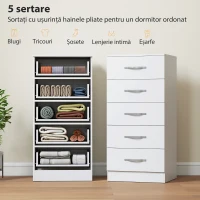 HOMCOM Comodă cu 5 Sertare, Design Modern, Slim, cu Mânere Argintii, Ideală pentru Dormitor, Cameră, Hol sau Living, Dimensiuni 40x35x85 cm, Alb(m-4)