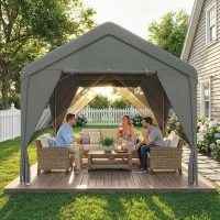 Outsunny 3 x 3 m Patio Gazebo with Netting & Curtains, Outdoor Canopy Shelter with Galvanised Steel Frame, Dark Grey(m-8)