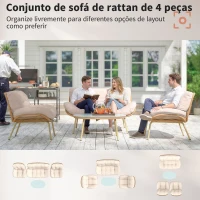 Outsunny Conjunto de Móveis de Jardim em Rattan 4 peças com Almofadas Sofá Duplo 2 Poltronas e Mesa de Centro Bege(m-4)