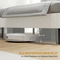 HOMCOM Cadre de Lit 140x190cm avec Sommier, Tête de Lit Réglable, Lit Double Rembourré en Velours Teddy, Lattes en Métal, Blanc(m-6)