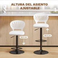 HOMCOM Juego de 2 Taburetes de Bar Giratorios en 360° Regulables en Altura de 84-105 cm Respaldo Hueco Reposapiés Blanco(m-5)