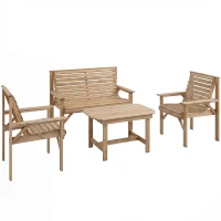 Outsunny 4 Piece Wooden Garden Furniture Set, Outdoor Garden Sofa Set with 2 Armchairs, Loveseat and Coffee Table, Natural Wood(m-1)