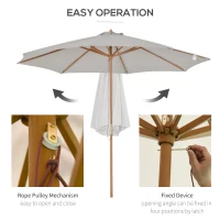 Outsunny 3(m) Garden Parasol, Pulley Operated Patio Umbrella, Wooden Table Market Umbrella with Rope Pulley Mechanism and 8 Ribs, Grey(m-16)